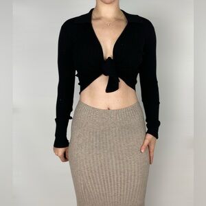RESA Collared Ribbed Tie Long‎ Sleeve Blouse Stretch